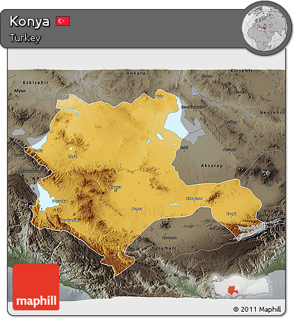 Physical 3D Map of Konya, darken, semi-desaturated