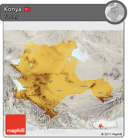 Physical 3D Map of Konya, lighten, semi-desaturated