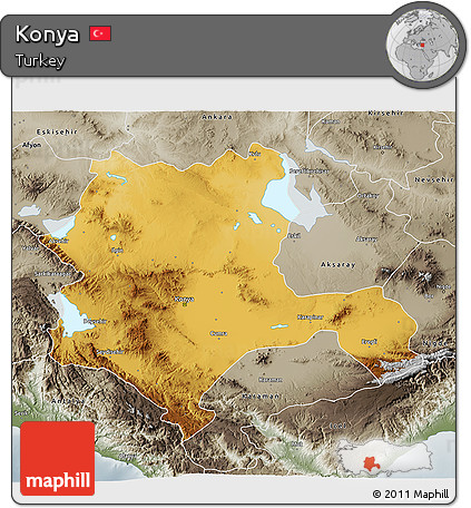 Physical 3D Map of Konya, semi-desaturated