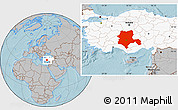 Gray Location Map of Konya, highlighted country, hill shading