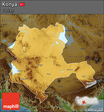 Physical Map of Konya, darken