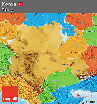 Physical Map of Konya, political outside