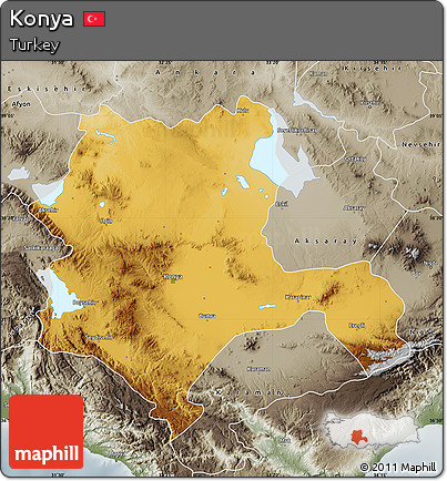 Physical Map of Konya, semi-desaturated