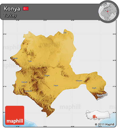 Physical Map of Konya, single color outside