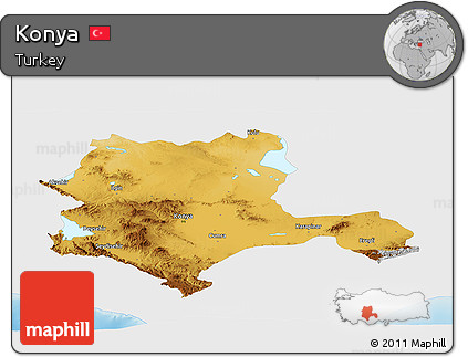 Physical Panoramic Map of Konya, single color outside