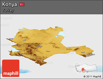 Physical Panoramic Map of Konya, single color outside