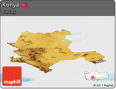 Physical Panoramic Map of Konya, single color outside