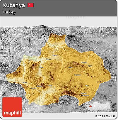 Physical 3D Map of Kutahya, desaturated