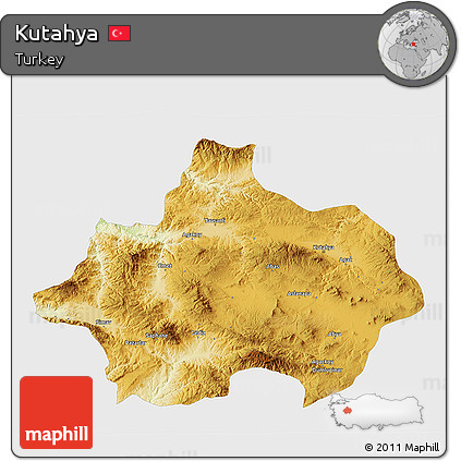 Physical 3D Map of Kutahya, single color outside