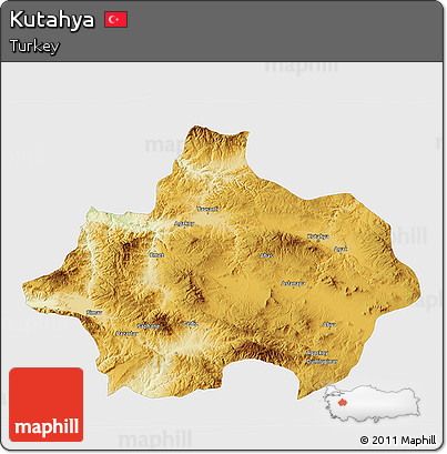 Physical 3D Map of Kutahya, single color outside