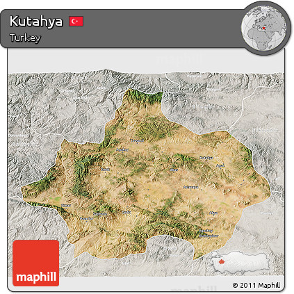 Satellite 3D Map of Kutahya, lighten, semi-desaturated