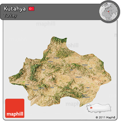 Satellite 3D Map of Kutahya, single color outside