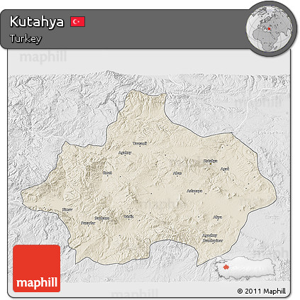 Shaded Relief 3D Map of Kutahya, lighten, desaturated