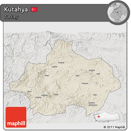 Shaded Relief 3D Map of Kutahya, lighten, semi-desaturated