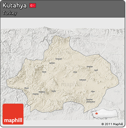 Shaded Relief 3D Map of Kutahya, lighten, semi-desaturated