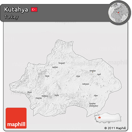 Silver Style 3D Map of Kutahya, single color outside