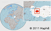 Gray Location Map of Kutahya, highlighted country, hill shading