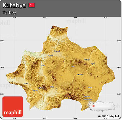 Physical Map of Kutahya, single color outside