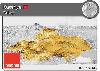 Physical Panoramic Map of Kutahya, lighten, desaturated