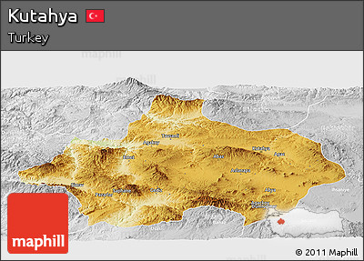 Physical Panoramic Map of Kutahya, lighten, desaturated