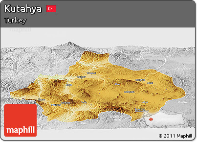 Physical Panoramic Map of Kutahya, lighten, desaturated