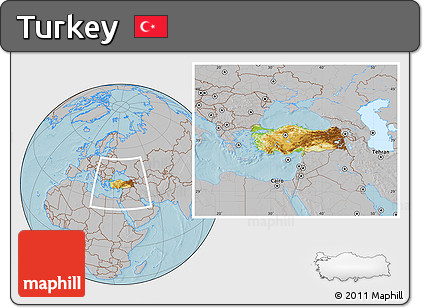 Physical Location Map of Turkey, gray outside, hill shading