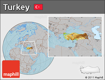 Physical Location Map of Turkey, gray outside, hill shading