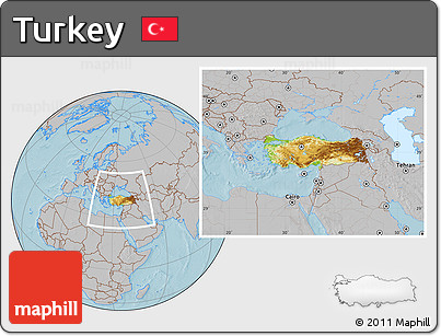 Physical Location Map of Turkey, gray outside, hill shading