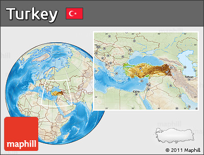 Physical Location Map of Turkey, lighten, land only