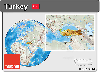 Physical Location Map of Turkey, lighten, semi-desaturated, land only