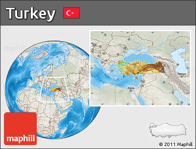 Physical Location Map of Turkey, lighten, semi-desaturated, land only