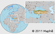 Satellite Location Map of Turkey, gray outside