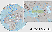 Savanna Style Location Map of Turkey, gray outside, hill shading
