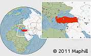 Savanna Style Location Map of Turkey, highlighted continent, hill shading