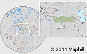 Savanna Style Location Map of Turkey, lighten, desaturated, hill shading