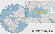 Savanna Style Location Map of Turkey, lighten, desaturated, land only, hill shading