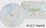 Savanna Style Location Map of Turkey, lighten, semi-desaturated, hill shading