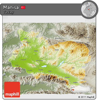 Physical 3D Map of Manisa, semi-desaturated