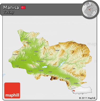Physical 3D Map of Manisa, single color outside