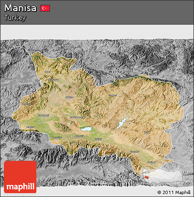 Satellite 3D Map of Manisa, desaturated