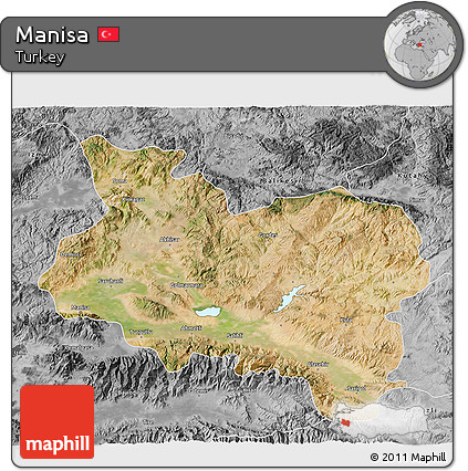 Satellite 3D Map of Manisa, desaturated