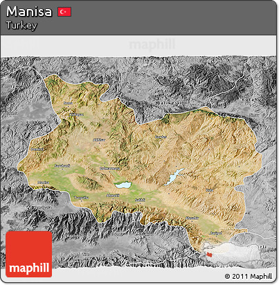 Satellite 3D Map of Manisa, desaturated