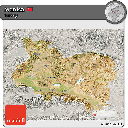 Satellite 3D Map of Manisa, lighten, semi-desaturated