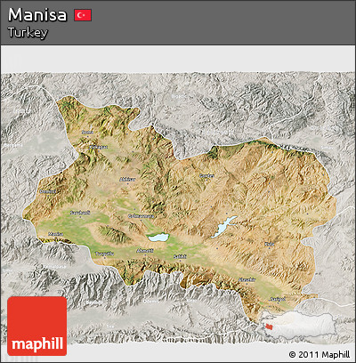Satellite 3D Map of Manisa, lighten, semi-desaturated