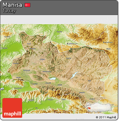 Satellite 3D Map of Manisa, physical outside