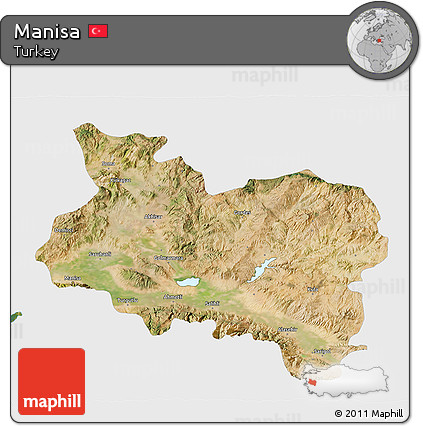 Satellite 3D Map of Manisa, single color outside
