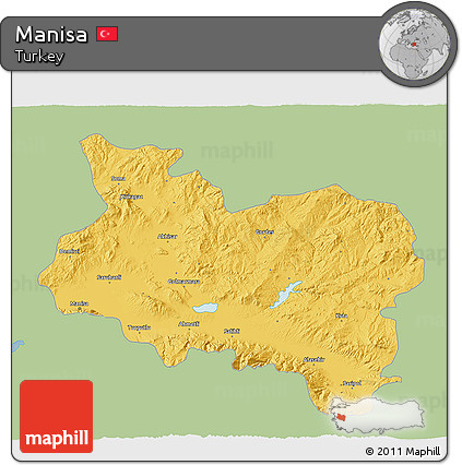 Savanna Style 3D Map of Manisa, single color outside