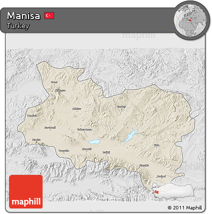 Shaded Relief 3D Map of Manisa, lighten, desaturated