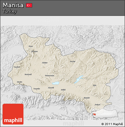 Shaded Relief 3D Map of Manisa, lighten, desaturated