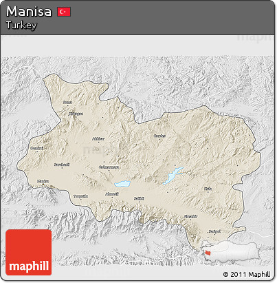 Shaded Relief 3D Map of Manisa, lighten, desaturated